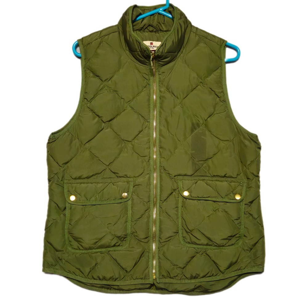 Woolrich Quilted Down Vest Womens Large Olive Green Diamond Stitch Puffer Zip